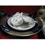 Portmeirion 'Botanic Garden' Ware, large blue glazed terracota fruit bowl with white metal mounts (