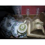 Three Glass Decanters, one Edwardian cheese dish, Booths tea pot. dessert pottery:- One Box
