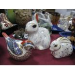 Three Royal Crown Derby Paperweights 'Snowy Rabbit' ('21' gold stopper), further 'Baby Rabbit'