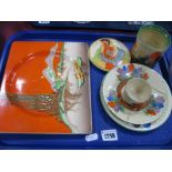 A Clarice Cliff 'Crocus' Jam Pot (no lid), plate, saucer, egg cup, 'Biarritz' rectangular plate,