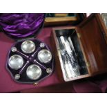 A Victorian Four Piece Silver Plated Salt Set, in original case plus a Victorian mahogany box with