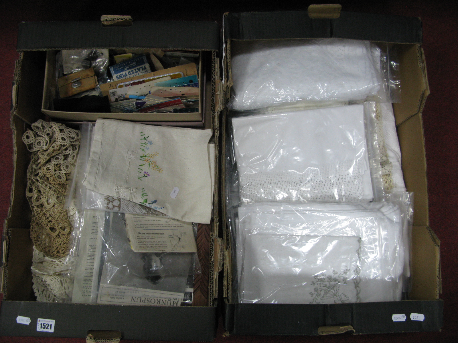 Various Linens, including quilt cover, sewing accessories, crocheted wares, patterns etc:- Two