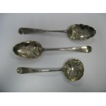 A Matched Pair of Decorative Hallmarked Silver Berry Spoons, each with shaped bowl; together with