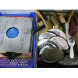 A Silver Hallmarked Backed Hairbrush, further hairbrushes, hand mirrors, brushes, etc:- One Box