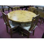 Pine Circular Topped Kitchen Table plus four pierced splat back chairs. (5)