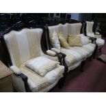 A French Style Three-Piece Parlour Suite, circa 2000's, dark wood framed, upholstered in a lemon