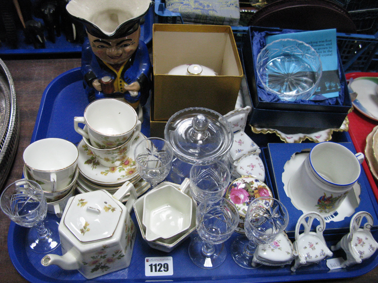Ridgeways Miniature Tea Service, Fenton China trinket box, Abbeydale china pickle jar, toby jug