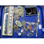Costume Jewellery, including ladies wristwatches, imitation pearls, carved shell panel bracelet, two