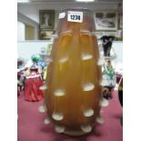 An Amber Glass Vase, of tapering bulbous form decorated with five bands of protruding clear glass