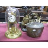 A Brass Skeleton Clock Under Glass Dome, oval copper tea pot. (2)