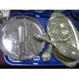 Hallmarked Silver Handled Glove Stretchers, (marks rubbed), plated dressing table tray, hand mirror,