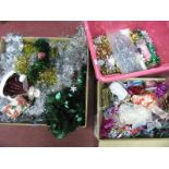 A Box of Assorted Ribbons, gift bows, assorted tinsel and a Christmas figure ornament :- Three
