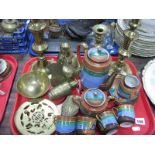 A Pair of XIX Century Brass Candlesticks, brass buddha, brass bowl, Japanese tea service etc:- One