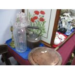 A Copper Warming Pan, with turned hardwood handle, Victorian copper kettle, Poison bottle, two table