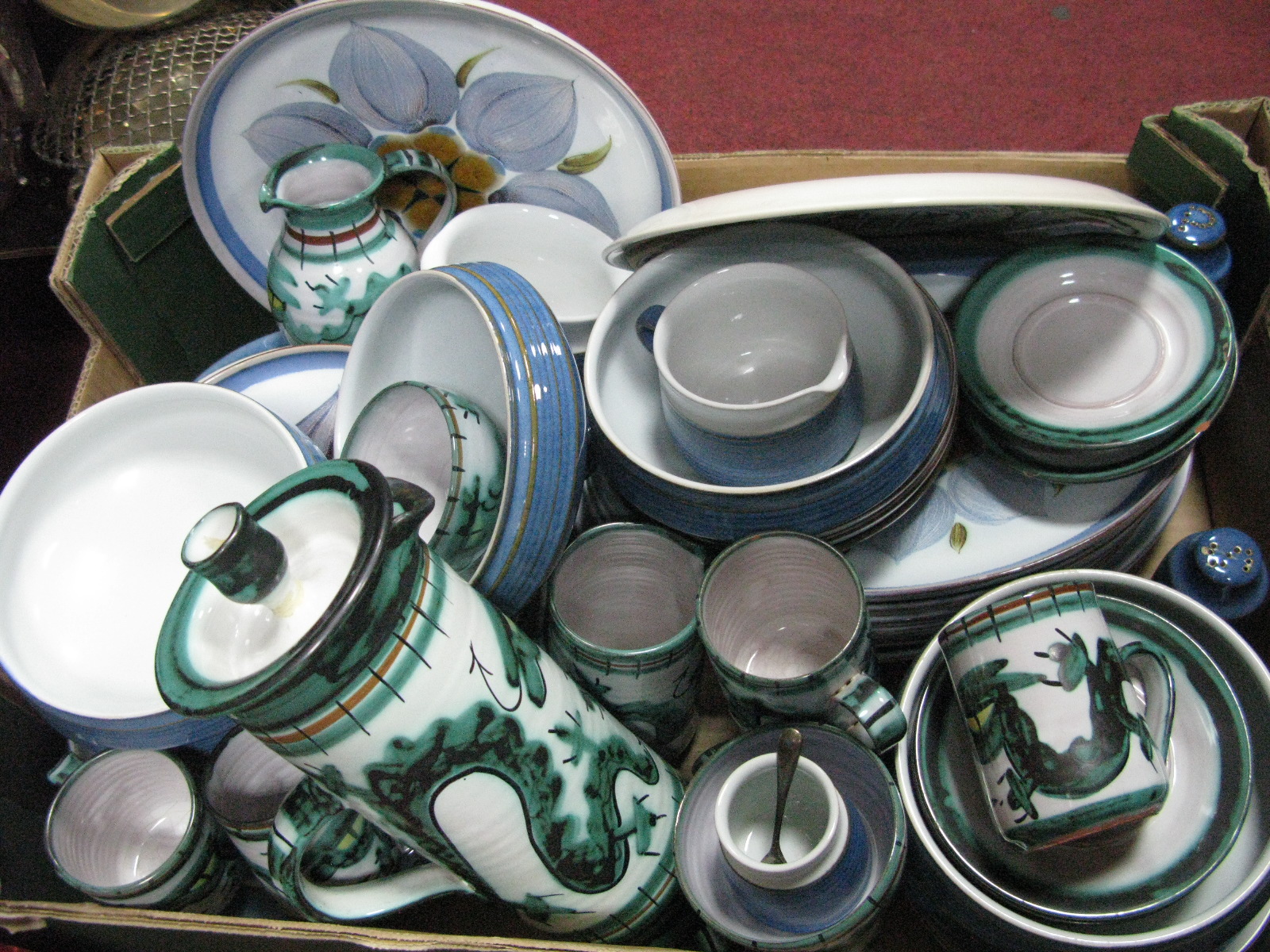 Tintagel Cornwall Pottery Coffee Service, Denby ware, Chatsworth plates etc:- One Box