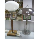 An Art Deco Style Chrome Mushroom Style Desk Lamp, plus another of similar period with milk glass