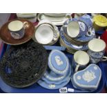 Wedgwood Powder Blue Jasper trinkets, XIX Century tea ware, pierced iron dish, copper bowl:- One