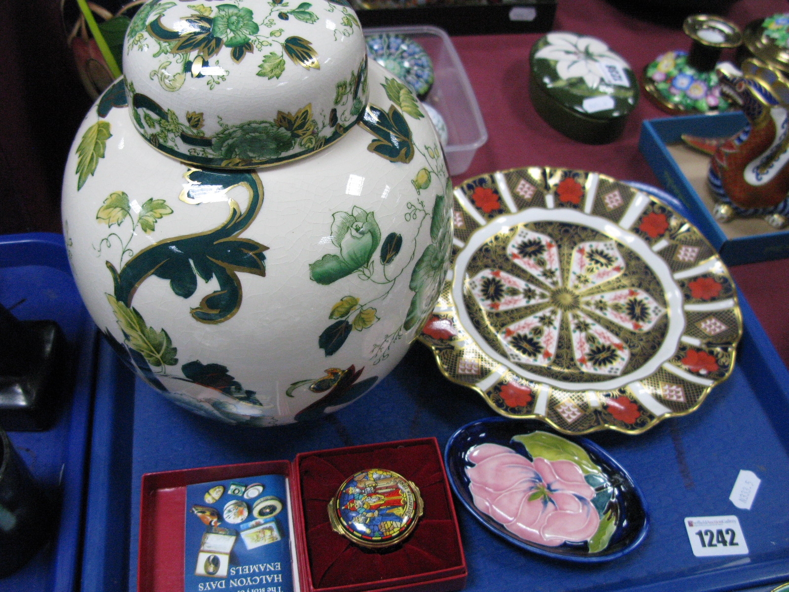 A Royal Crown Derby Imari 1128 Cabinet Plate, with wavy rim, a large Mason's Chartreuse ginger