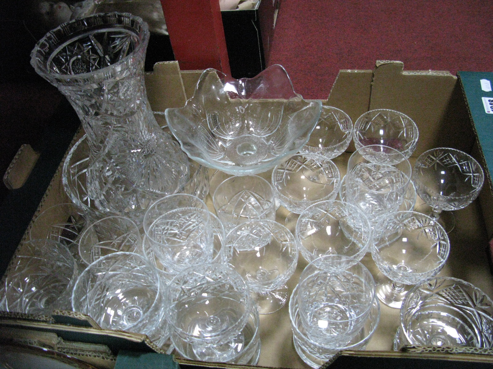 Cut Glass Tumblers, cut glass fruit bowl, sundae dishes etc:- One Box