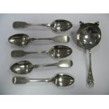 A Set of Five Hallmarked Silver Fiddle Pattern Tea Spoons, initialled; together with a hallmarked