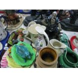 A Carlton Dish, Beswick Art Deco vases, Chinese figure, etc: One Tray