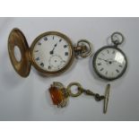 A Gold Plated Cased Half Hunter Pocketwatch, within plain case; together with a ladies fob watch,