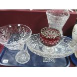 A Cut Glass Pedestal Bowl, cut glass vase (damaged), cut glass fruit bowl etc:- One Tray