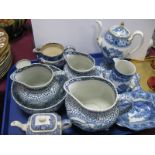 A Set of Three Adams Graduated Blue and White Jugs, Wedgwood 'Fallow Deer' pattern jug, other blue