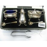A Hallmarked Silver Three Piece Cruet Set, in original fitted case; together with associated