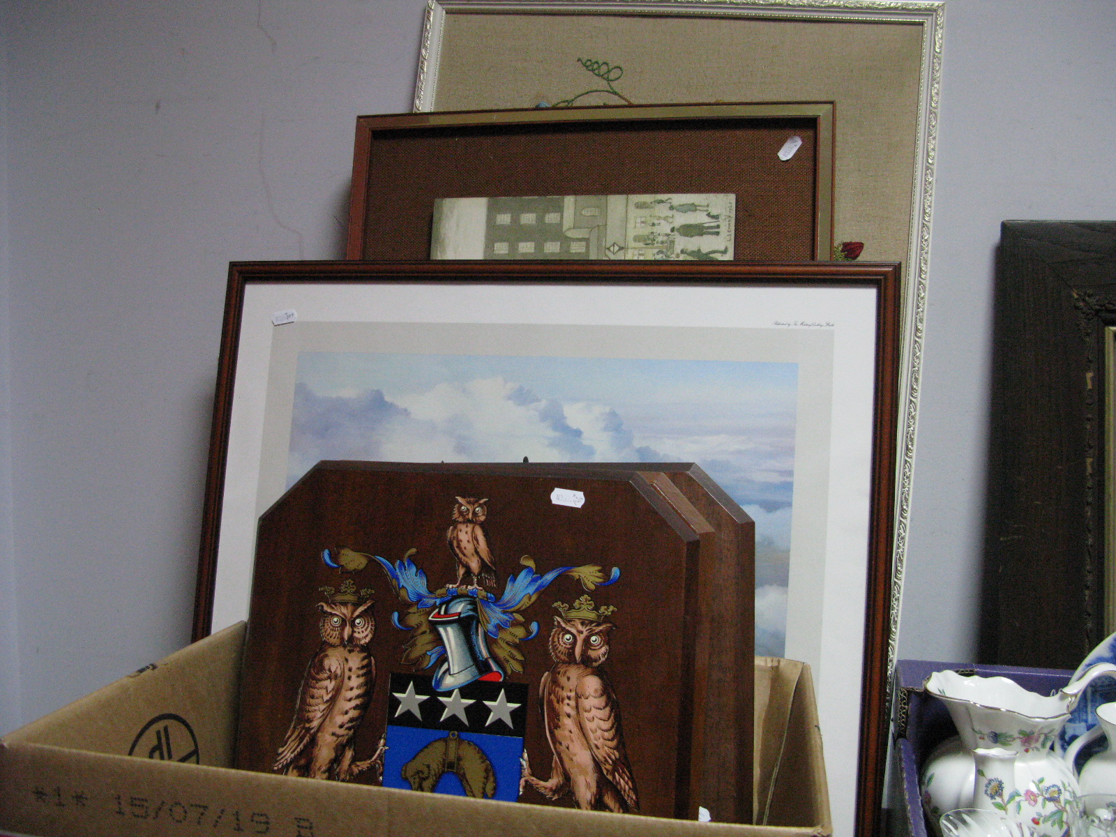 Three Hardwood Wall Plaques, with applied chests 'Labor Omnia Vincit', further plaque, 'Halifax