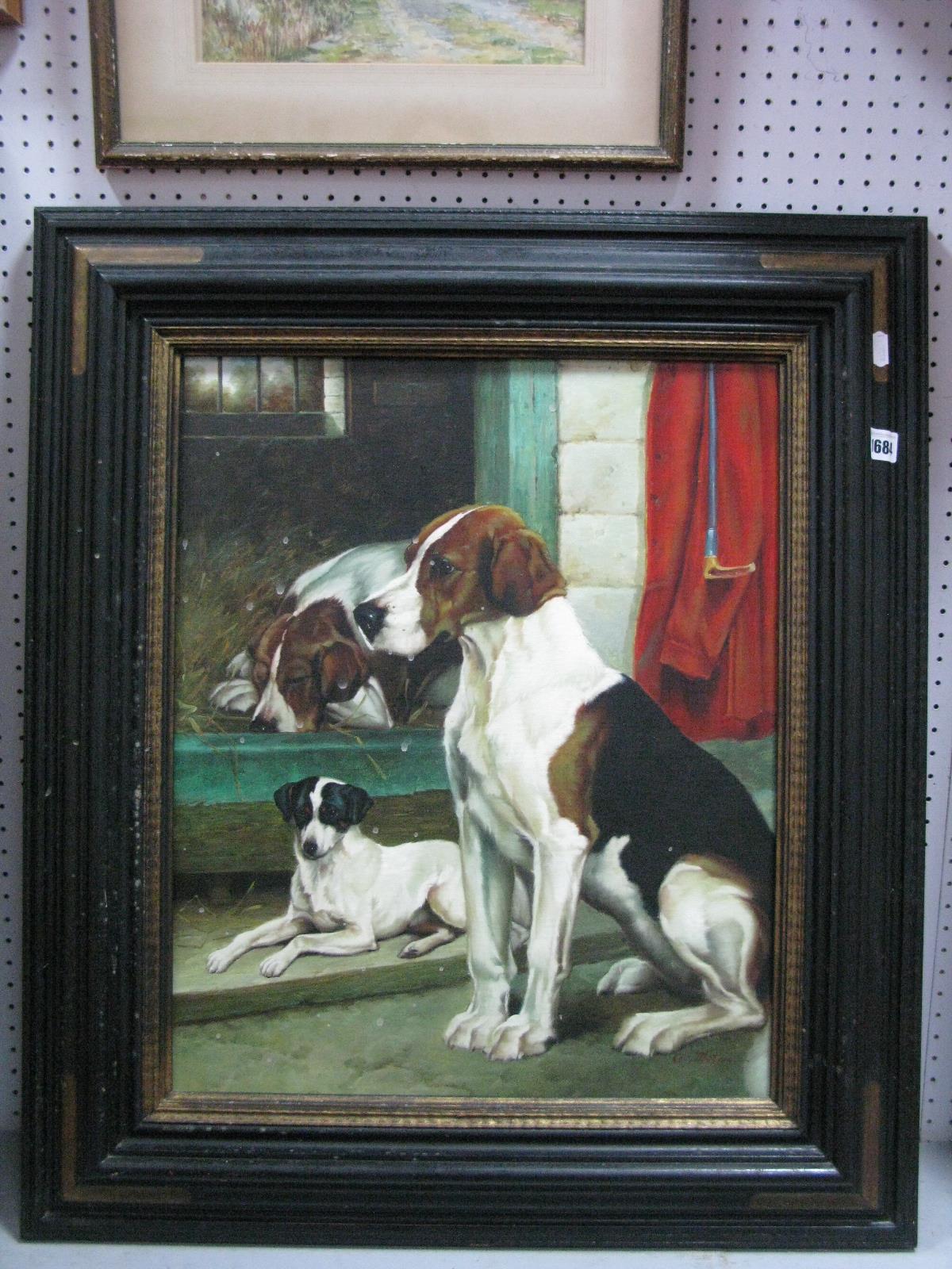 A G. Metsu, 'After the Hunt' study of three dogs, oil on canvas, signed lower right, 54 x 44cm