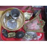 A Gilt Dressing Table Clock, manicure set, silvered goblet, etc:- One Tray