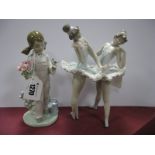 A Lladro Figure Group of Two Ballerina's, together with a girl holding flowers. (2)