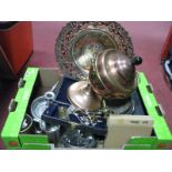 Copper and White Metal Charger, copper tea urn (damage), cased and loose cutlery, wine coaster,
