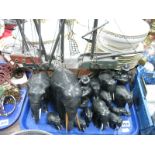 Ebony Figures of Elephants, model of a Galleon, two cast metal figures of Mr Park:- One Tray