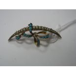 An Edwardian Turquoise and Pearl Set Bar Brooch, as a crescent with ribbon tied detail (one
