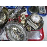 A Plated Cigarette Box, jam globe, ice bucket, basket, jewellery etc:- One Tray