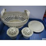 A Leeds Pottery Creamware Basket, with double intertwined handles with flower terminals, elaborately