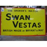 A Hand Painted Heavy Metal Sign for 'Swan Vestas - The Smokers Match British Made by Bryant &