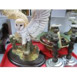 Oak & Chrome Barley Twist Candlesticks, Country Artists owl, bakelite inkwell etc:- One Tray