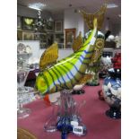 A Murano Coloured Glass Fish, on wythen moulded base, overall height 40cm.