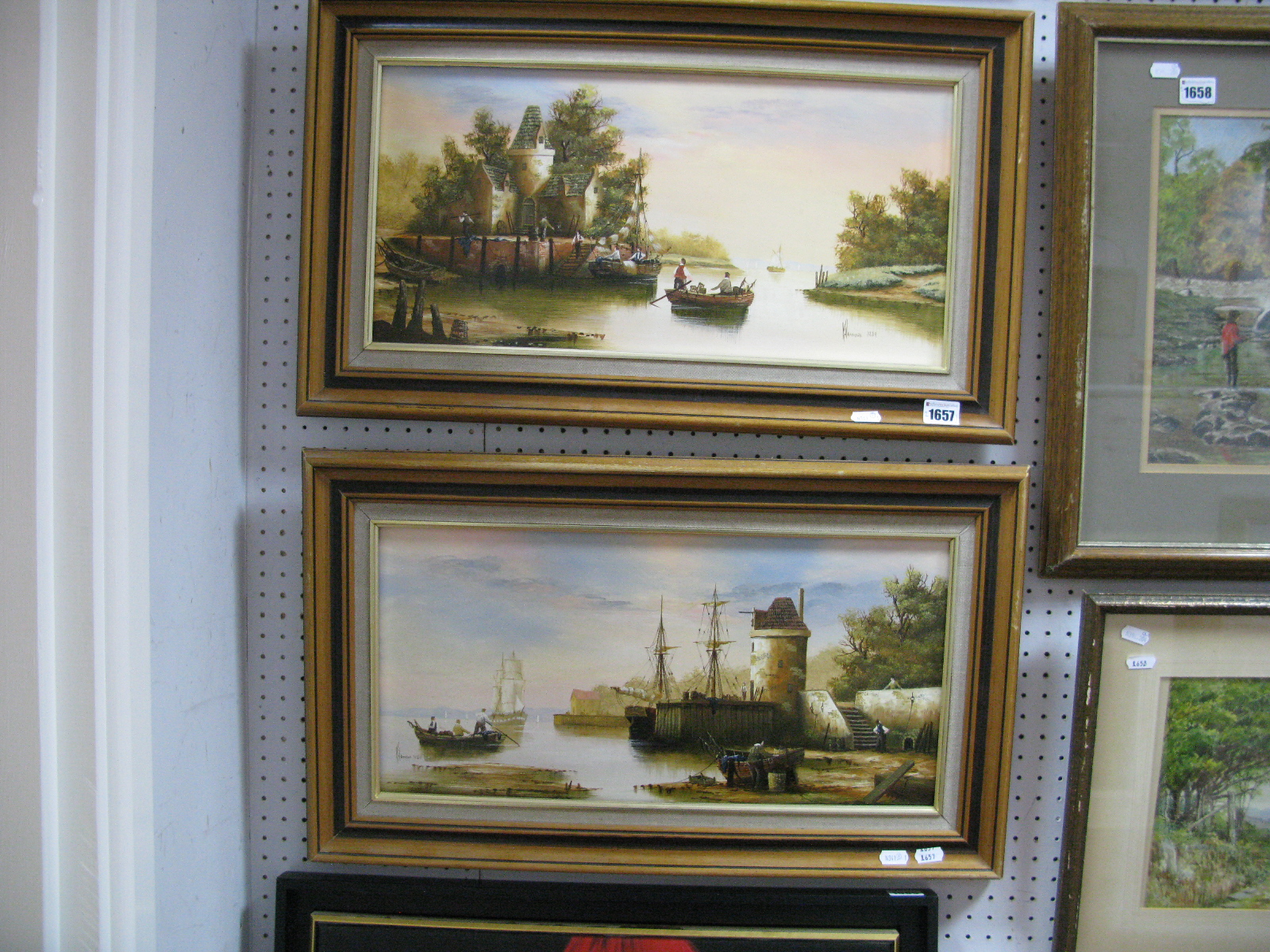 Ken Hamnmond, Tranquil Harbour Scenes with Barrels on Jetty, rowing boats and larger boats in