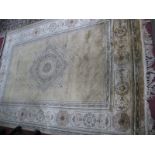 Belgian Beluchi Man Made Silk Rug, with Lyle and Floral decoration, on gold ground, 230 x 157cm.