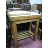 A Pine Butchers Block, rectangular top, marble insert, square legs with undershelf.