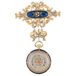 MONTREUX 18K GOLD, ENAMEL AND DIAMOND-SET OPENFACE KEYLESS CYLINDER WATCH PENDANT WITH BROOCH