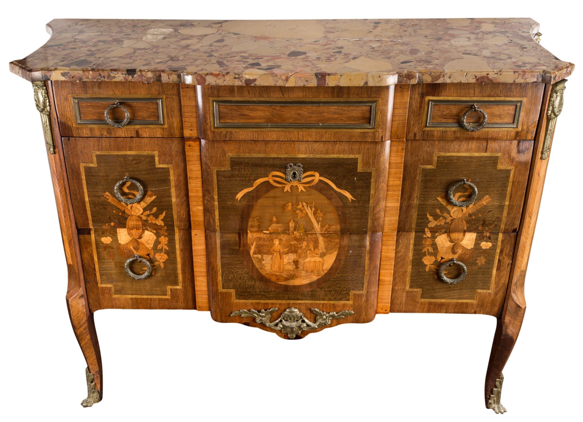 A 19TH CENTURY FRENCH MARQUETRY COMMODE WITH MARBLE TOP