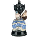 A JOSEF LORENZL ART DECO PORCELAIN TABLE LAMP WITH WOMAN AND FAUN, GOLDSCHEIDER, VIENNA, CIRCA 1930