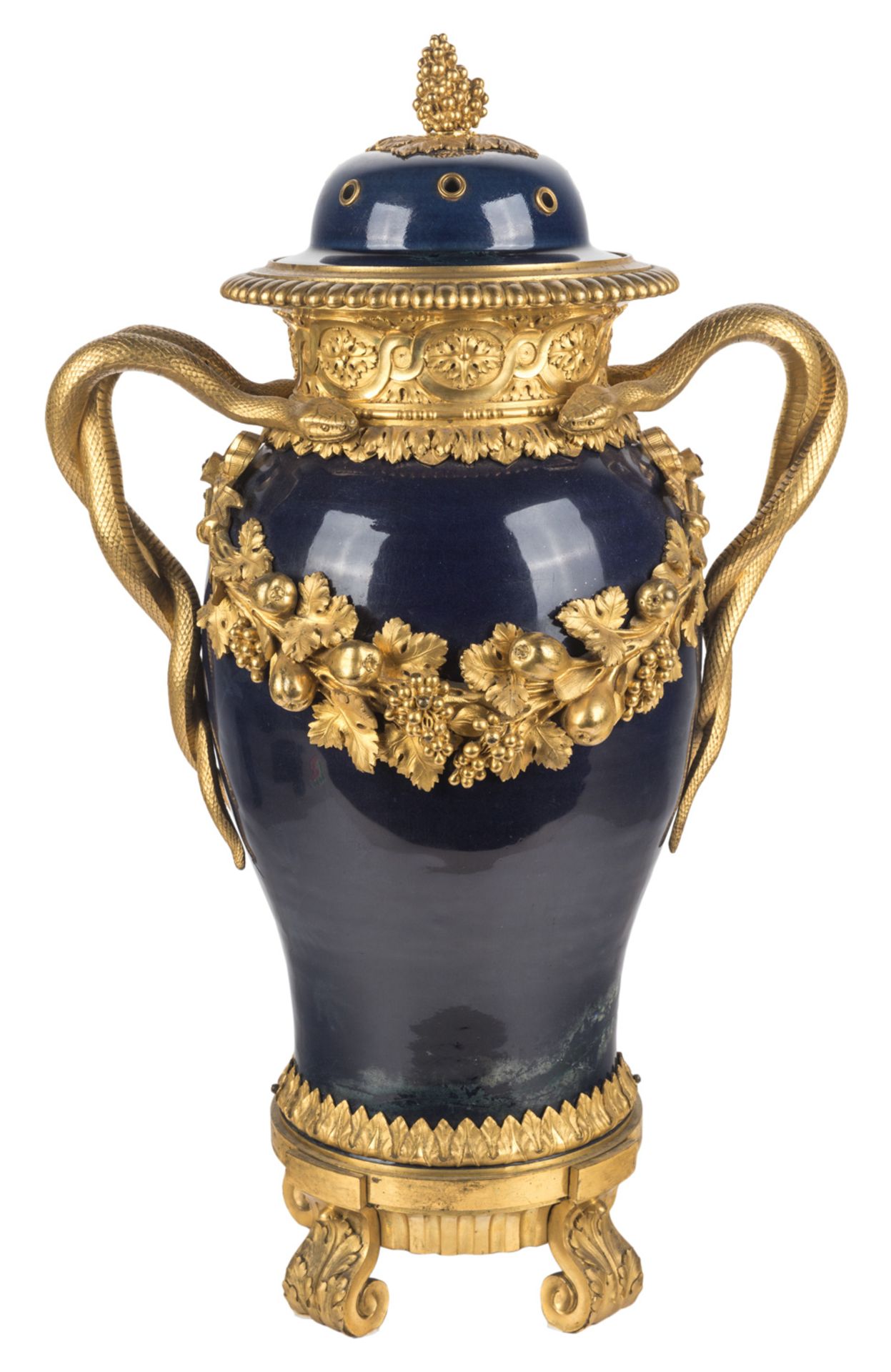 A LOUIS XV/XVI ORMOLU-MOUNTED CHINESE PORCELAIN VASE, WITH LATER SNAKE HANDLES, QIANLONG PERIOD