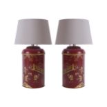 PAIR OF TOLEWARE CADDY STEMMED TABLE LAMPS each with Chinoiserie decoration With shade: 60 cm.