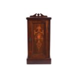 EDWARDIAN PERIOD ROSEWOOD AND MARQUETRY BEDSIDE PEDESTAL the square top, with a pediment back, above